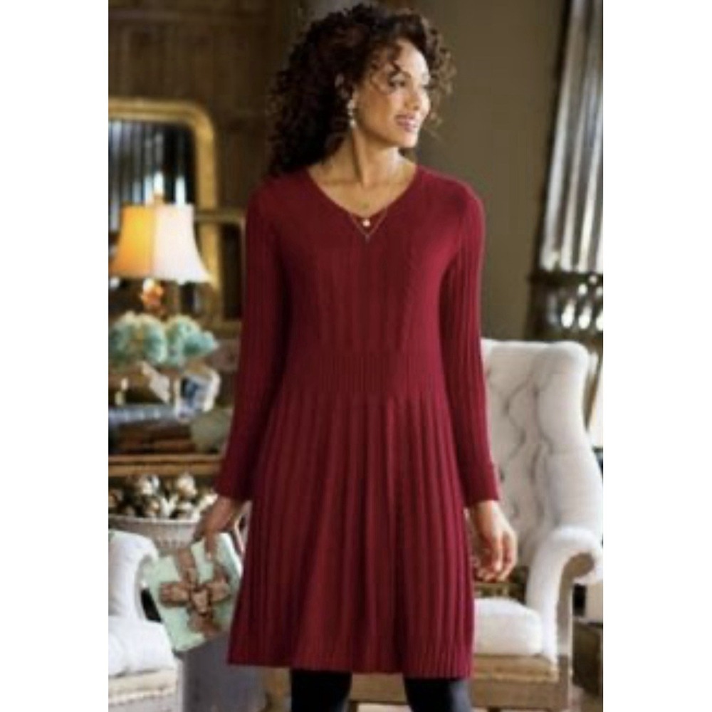 Soft Surroundings Medium Burgundy V-neck Long Sleeve Knit Sweater Dress